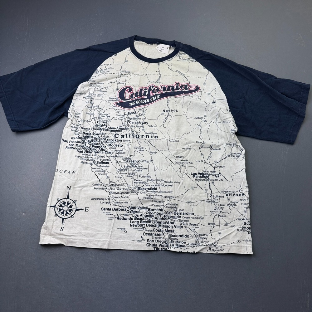 California T-Shirt Men's Large White Navy Raglan Golden State Map Graphic Tee